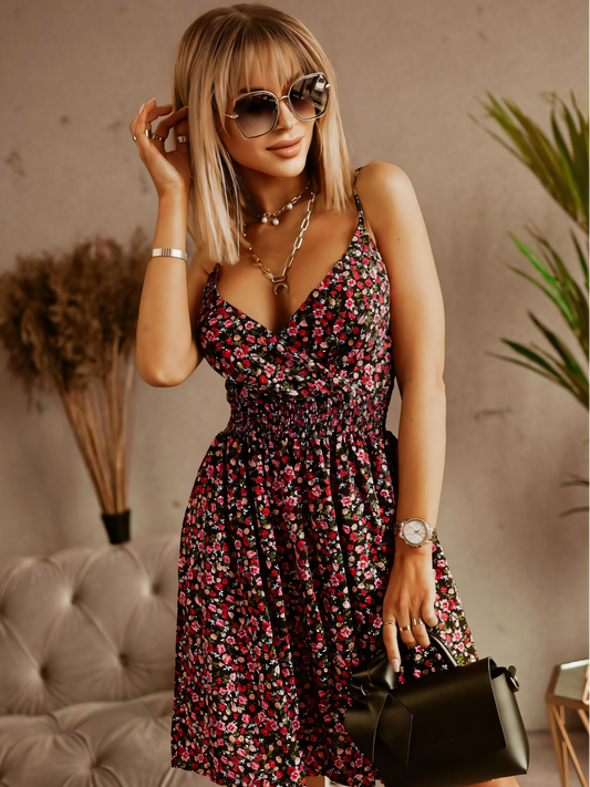 Red Print Suspender Waist Midi Dress