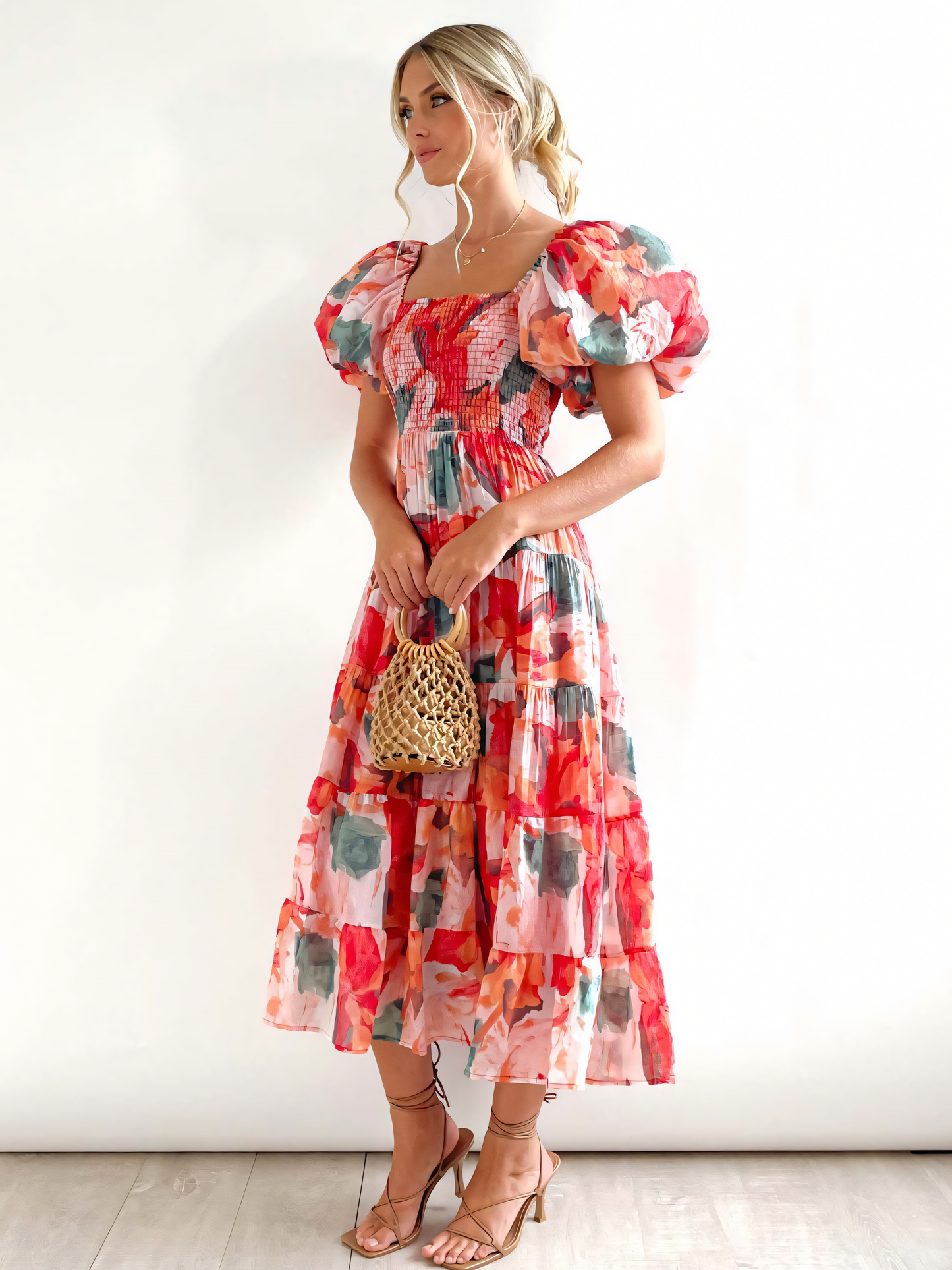 Red Flower Printed Puffy Bubble Sleeve Midi Dress