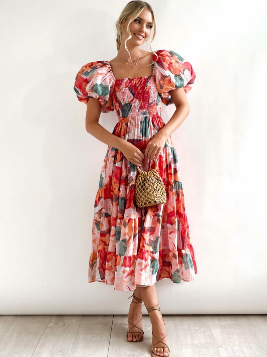 Red Flower Printed Puffy Bubble Sleeve Midi Dress