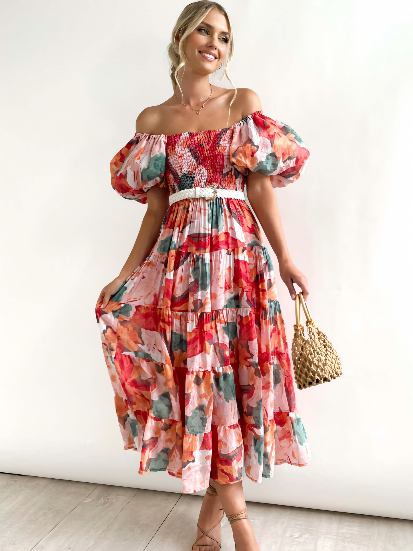 Red Flower Printed Puffy Bubble Sleeve Midi Dress