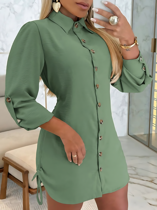 Solid Drawstring Long-Sleeved Shirt Mini Dress