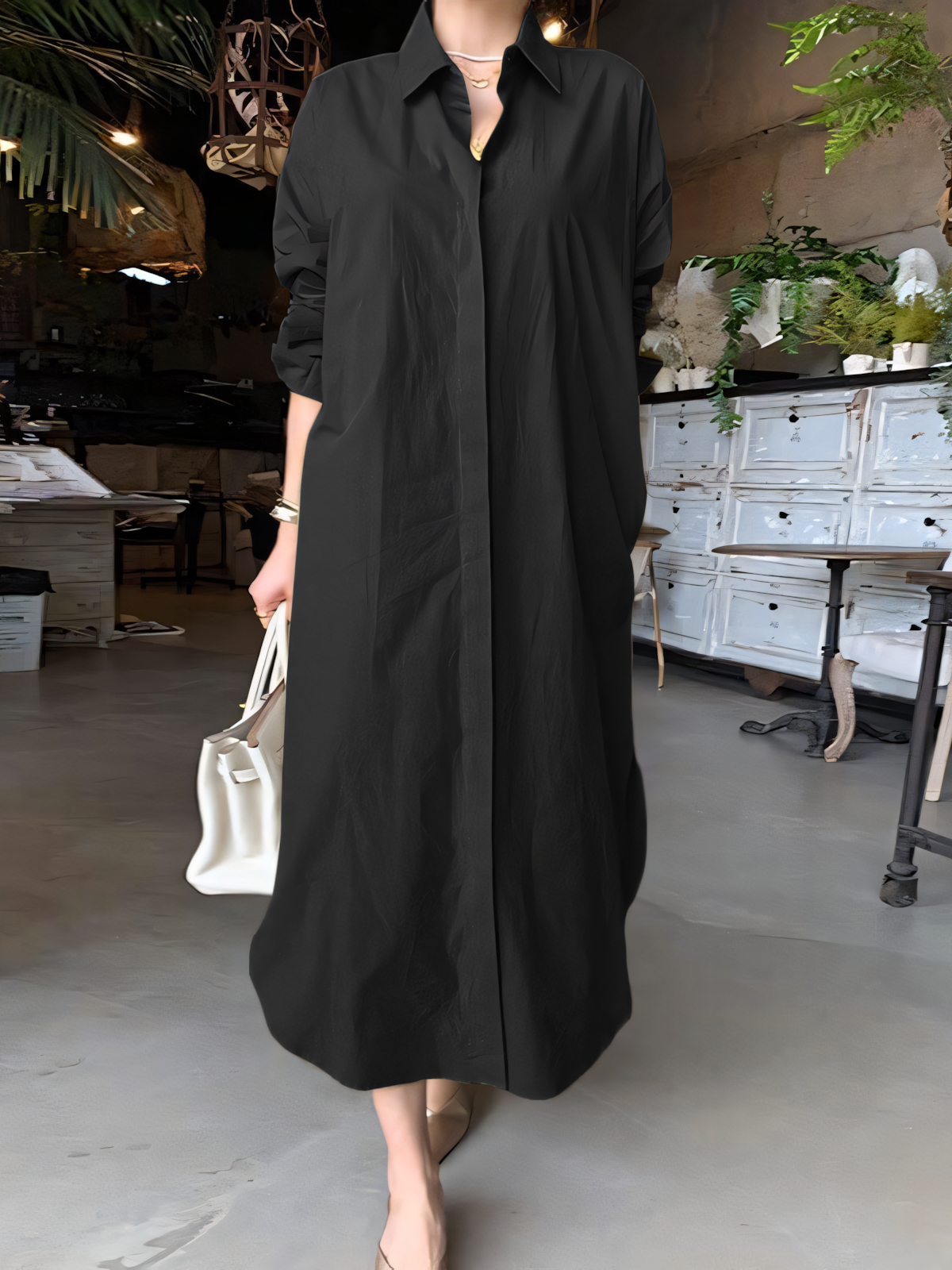 Solid Shirt Collar Casual Maxi Dress