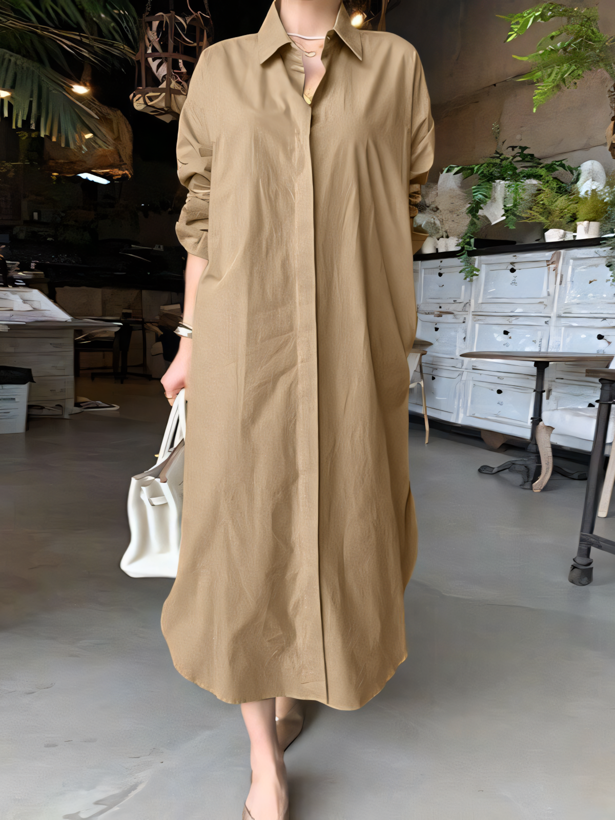 Solid Shirt Collar Casual Maxi Dress