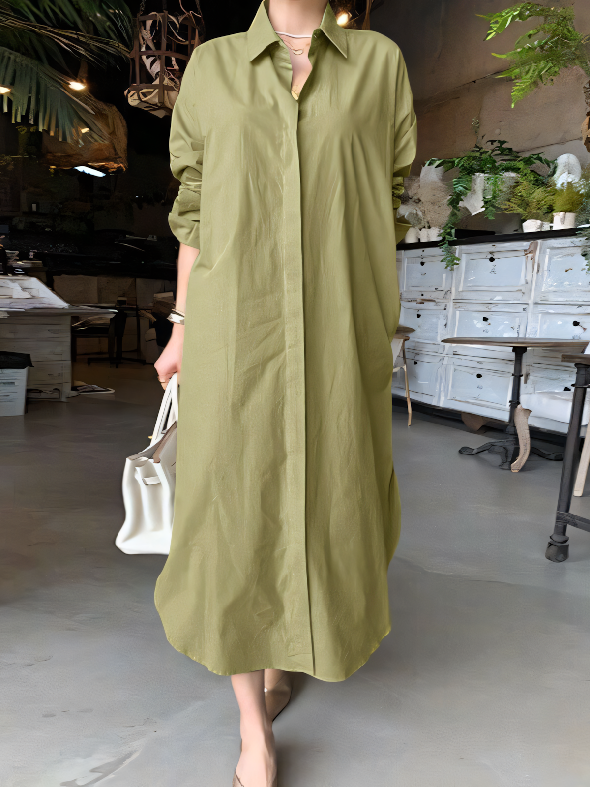Solid Shirt Collar Casual Maxi Dress