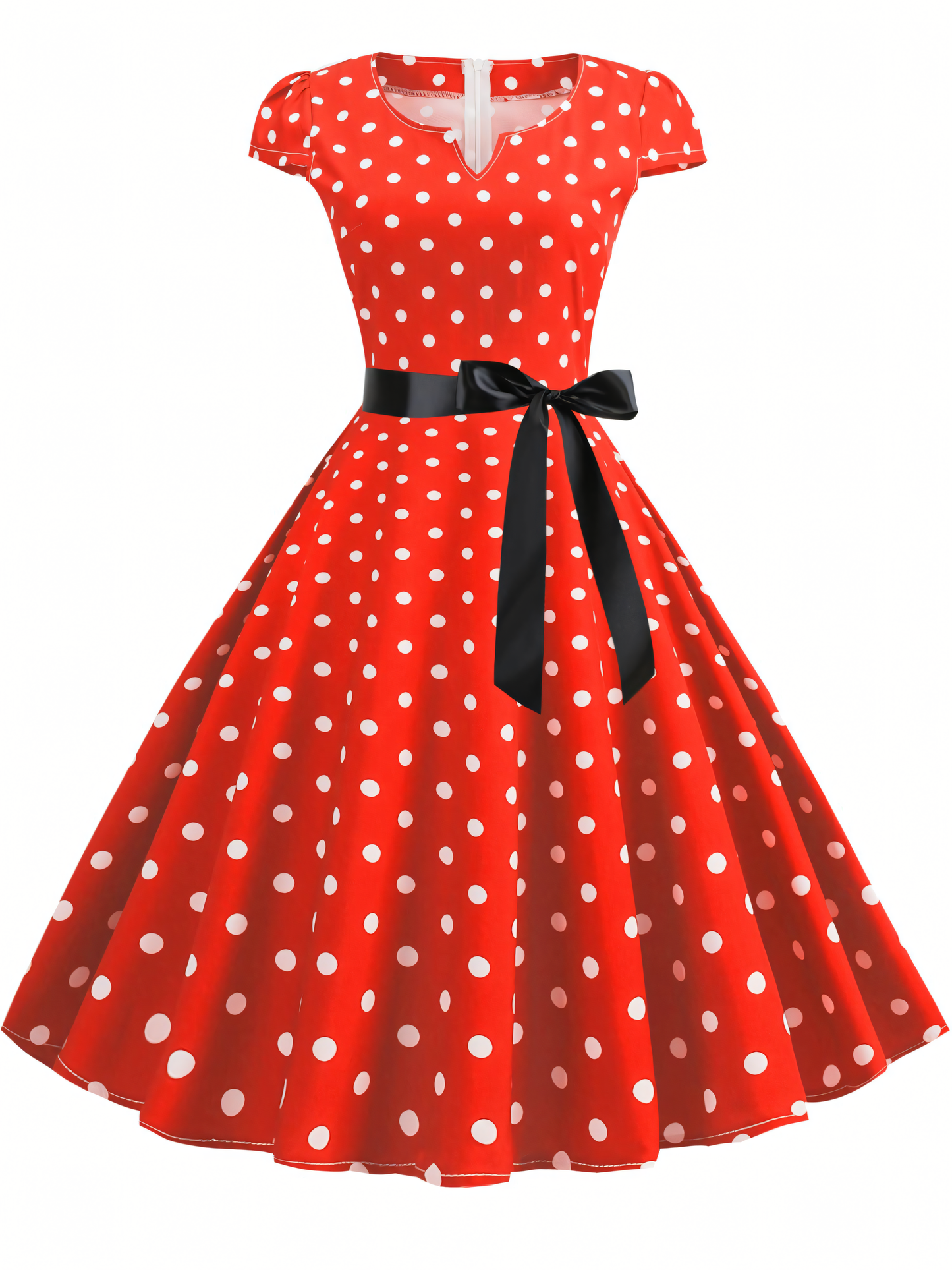 Hepburn Style Big Swing Polka Dot Ribbon Midi Dress