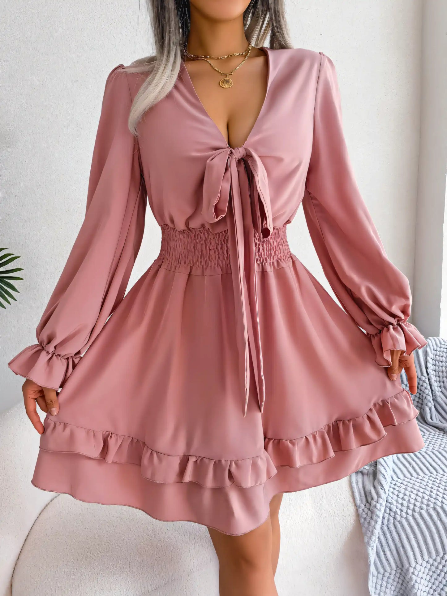 Casual Lace-Up Roll-Up Hem Mini Dress