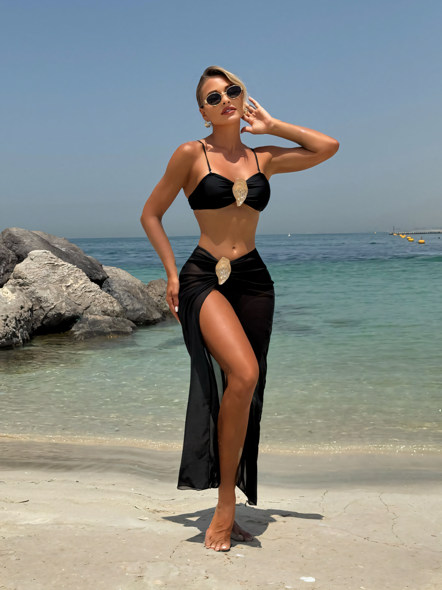 Solid Color Metallic Oyster Clasp Bikini Trio Set
