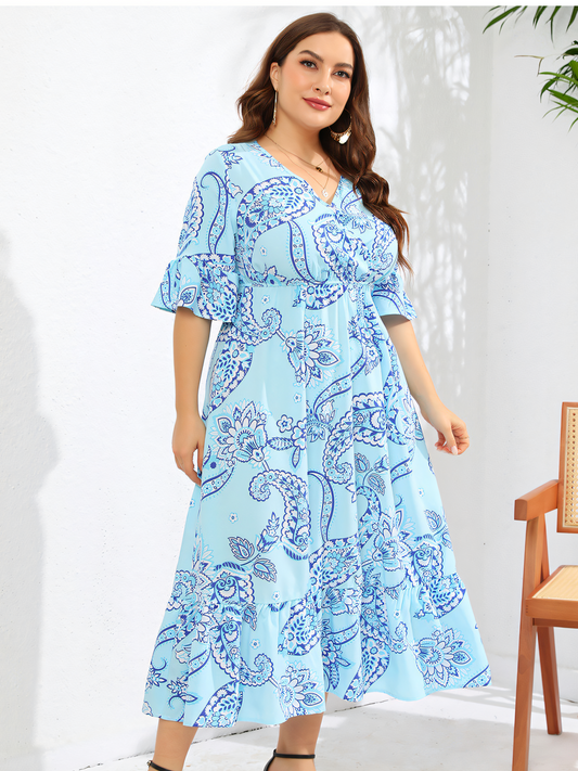 Blue Printed Flared Sleeve Maxi Dress