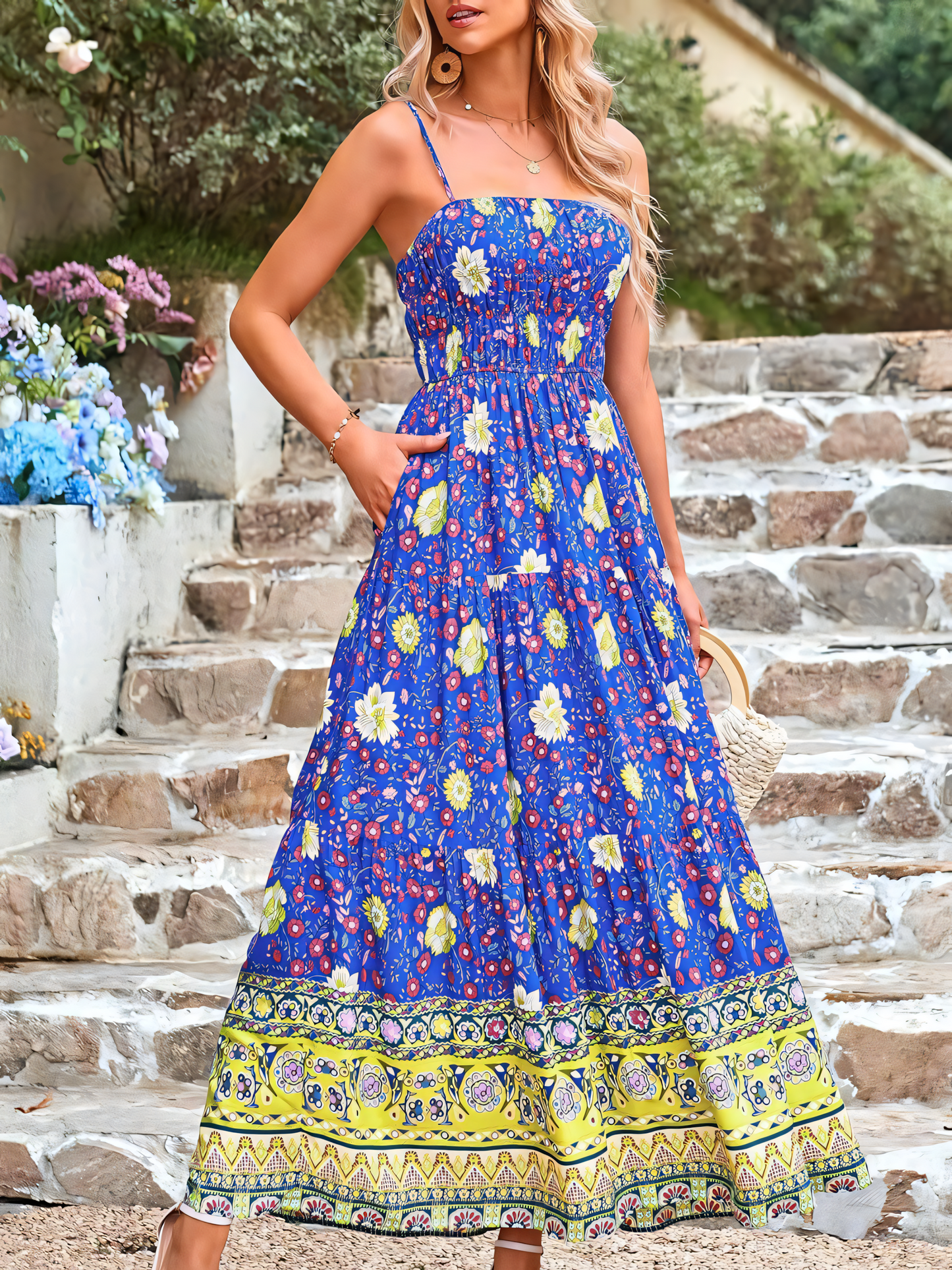 Blue Red Floral Bohemian Maxi Dress