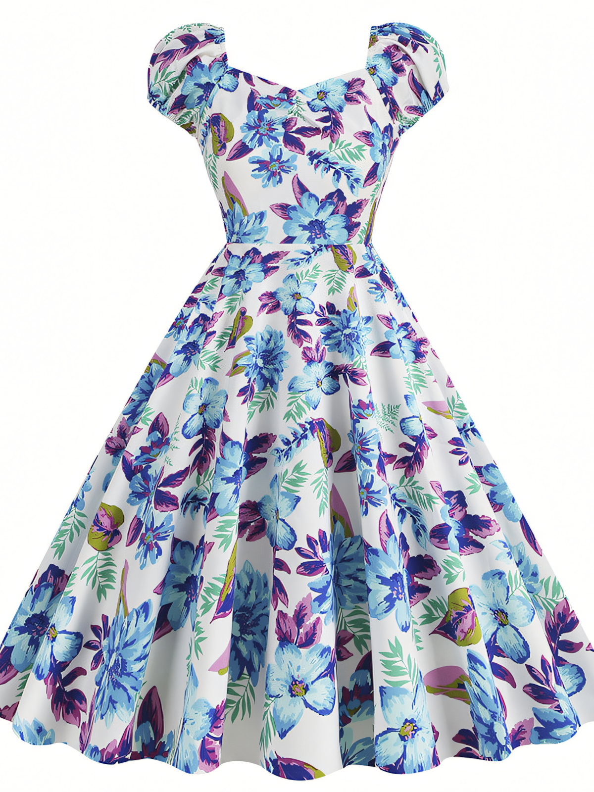 Blue Floral Vintage Elegant Midi Dress