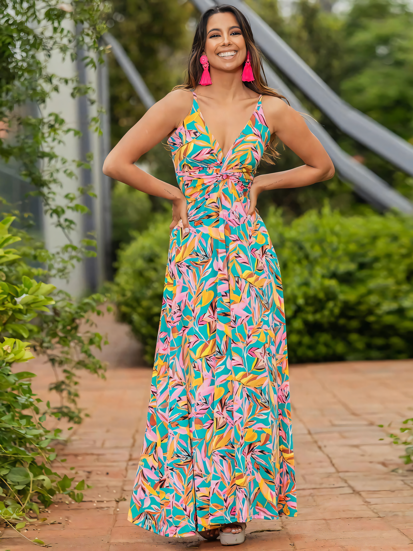 Yellow Green Printed Halter V-neck Maxi Dress