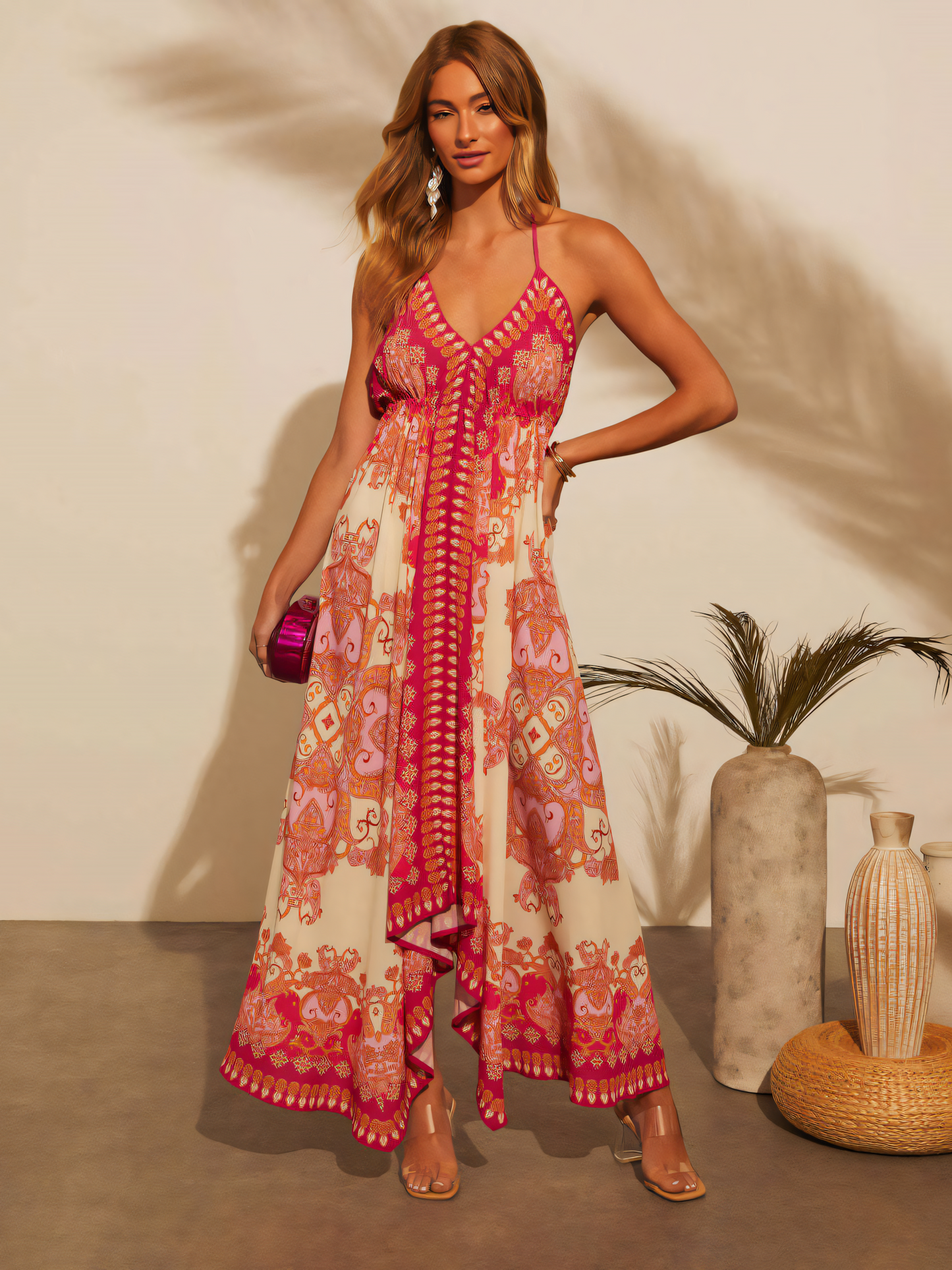 V-neck Slip Red Print Maxi Dress