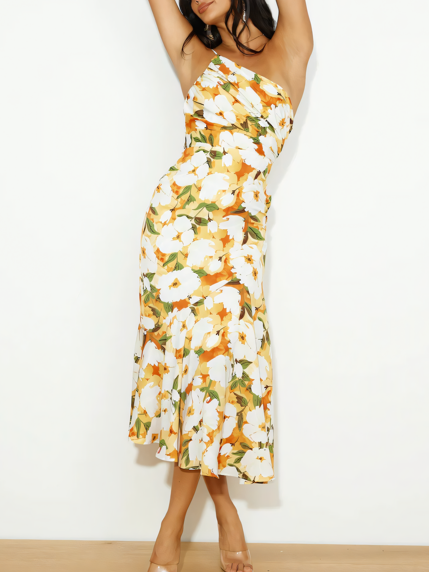 Slant Neck Halter Printed Fishtail Maxi Dress