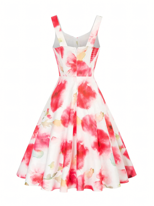 Red Floral Printed Button Midi Dress