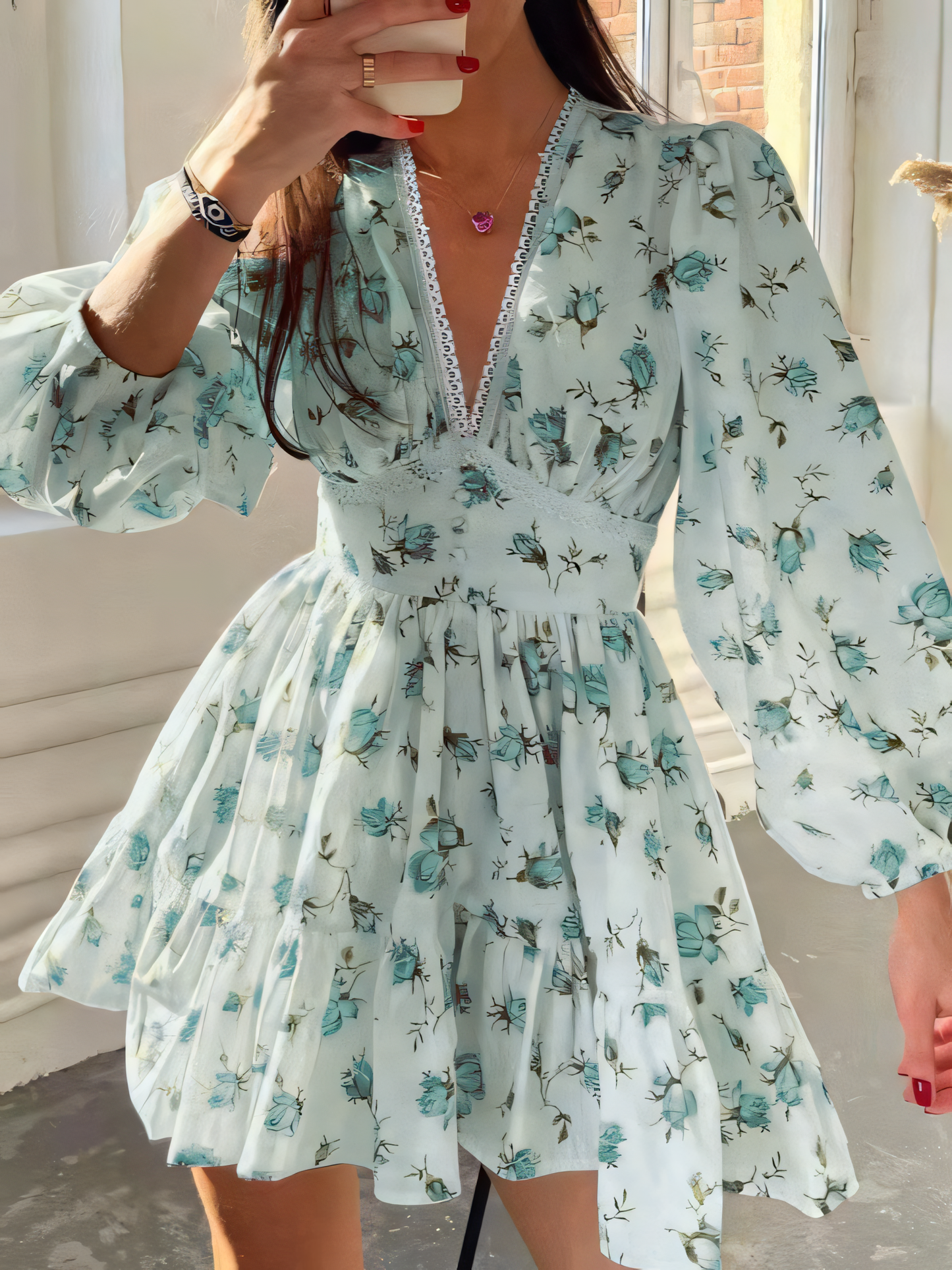 Floral High Waist V-Neck Mini Dress