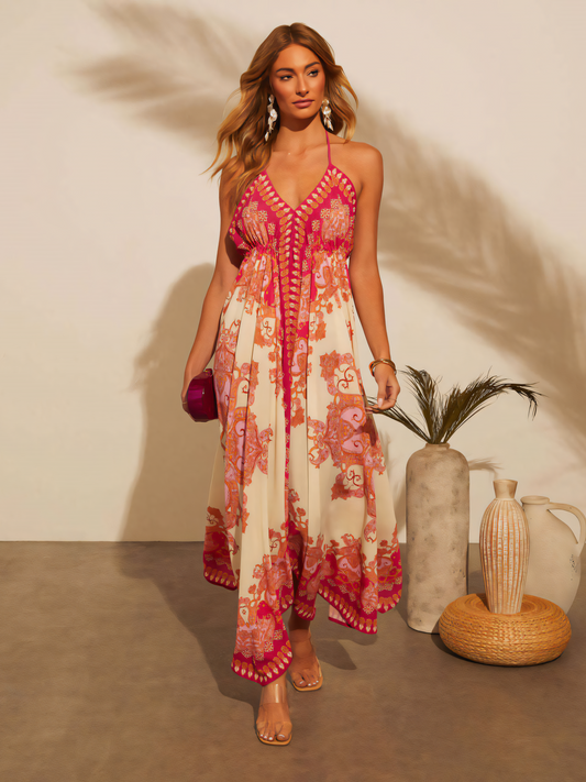 V-neck Slip Red Print Maxi Dress