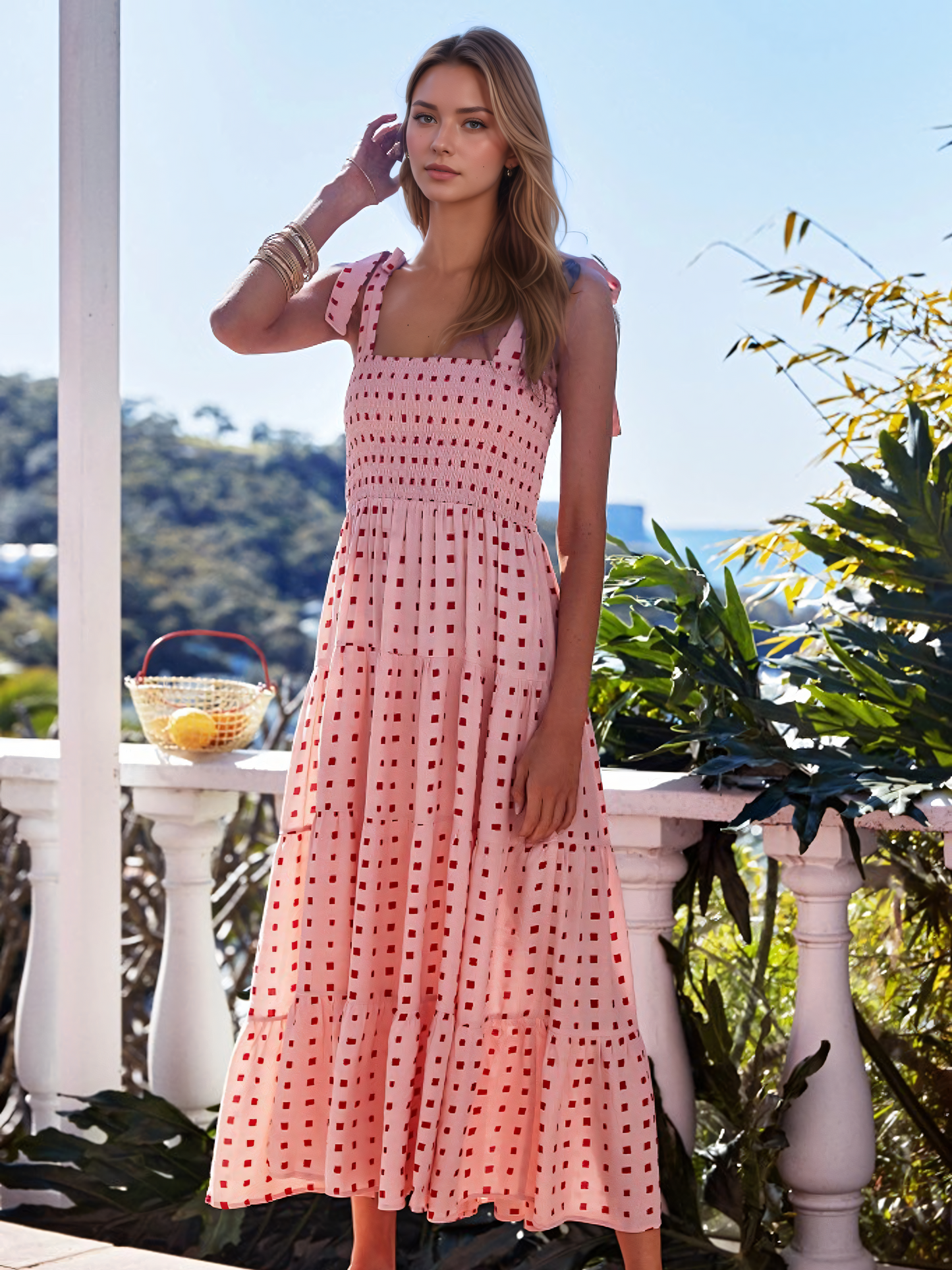 Polka Dot Print Suspender Maxi Dress