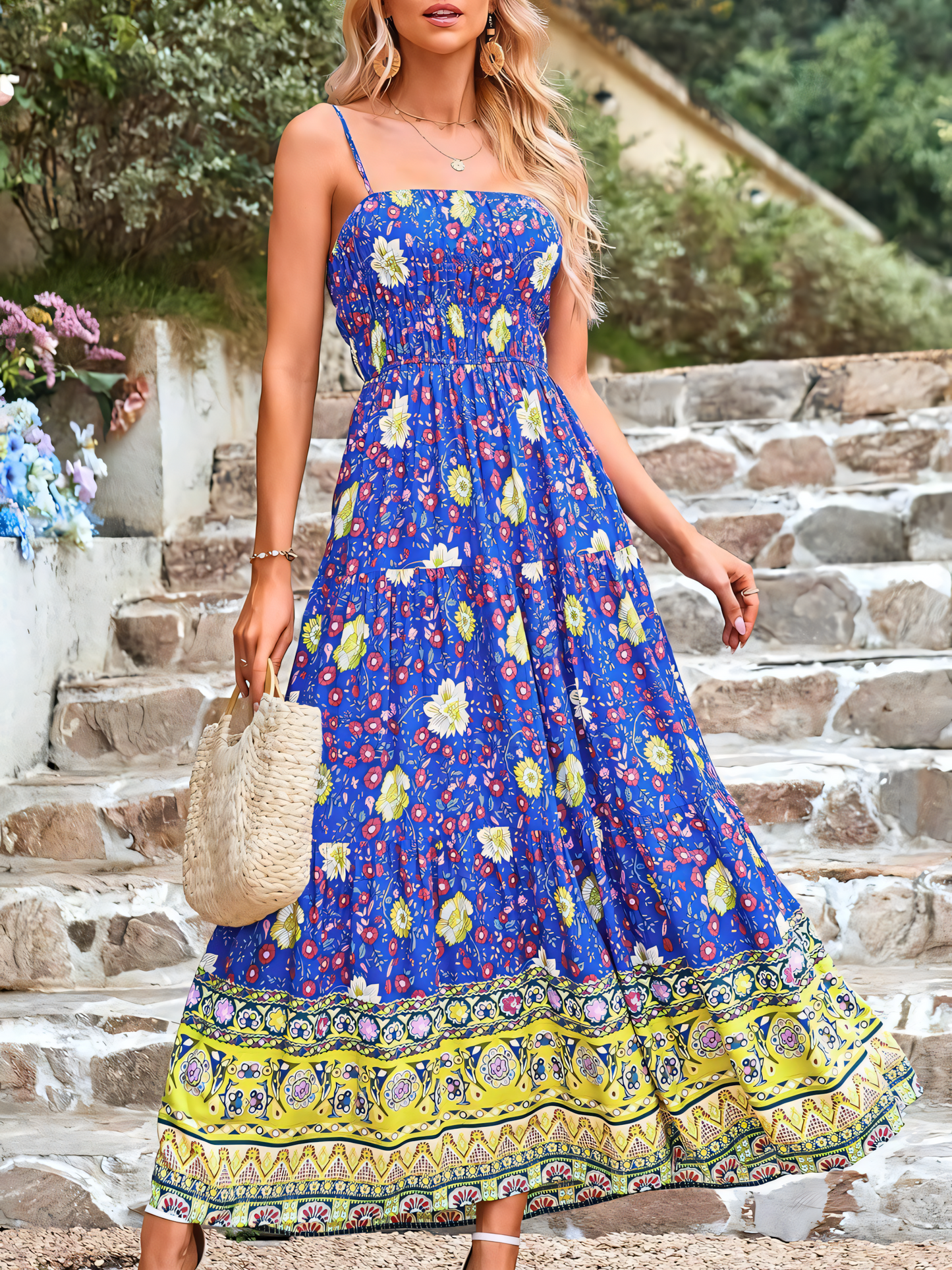 Blue Red Floral Bohemian Maxi Dress
