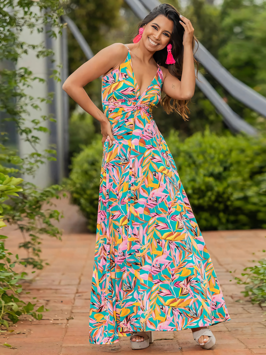 Yellow Green Printed Halter V-neck Maxi Dress