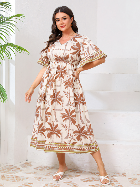 Khaki Flared Sleeve V-neck Print Midi Dress