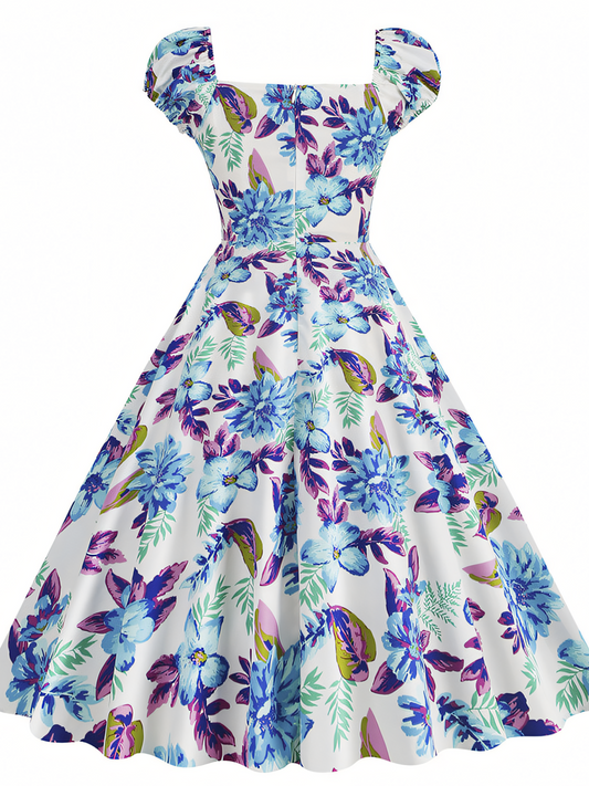 Blue Floral Vintage Elegant Midi Dress
