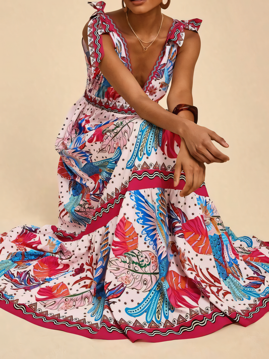 Rose Floral Printed Beach Maxi Dress