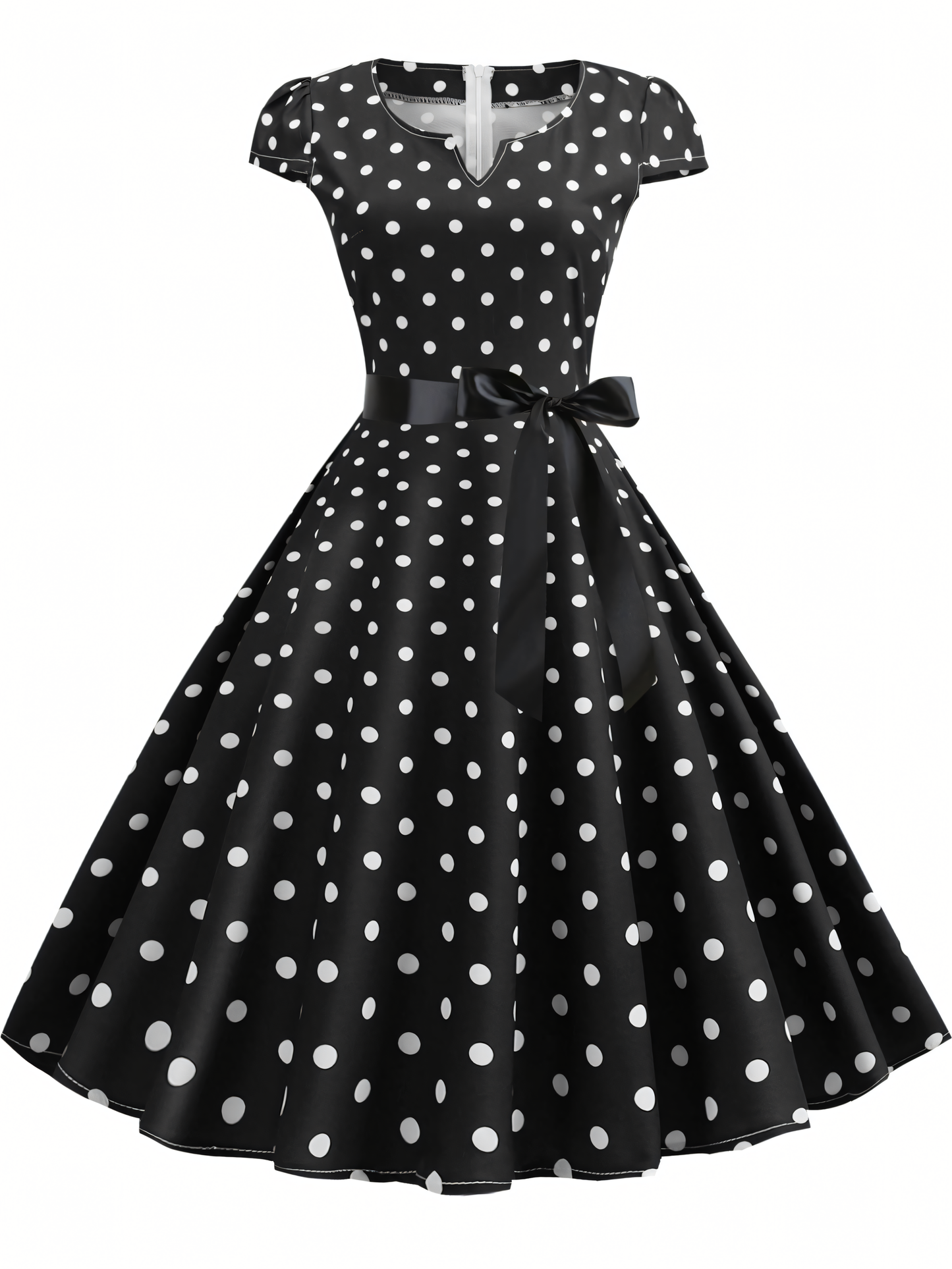 Hepburn Style Big Swing Polka Dot Ribbon Midi Dress