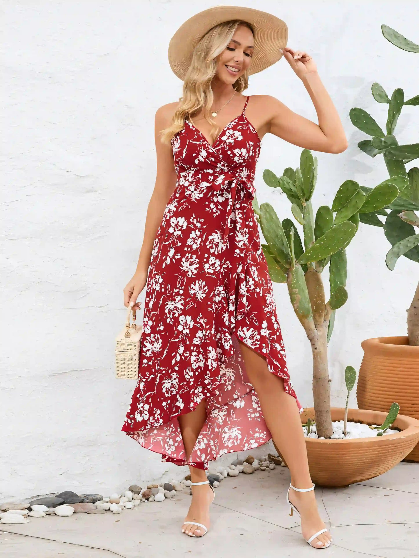 Red Halter Irregular Floral Beach Maxi Dress