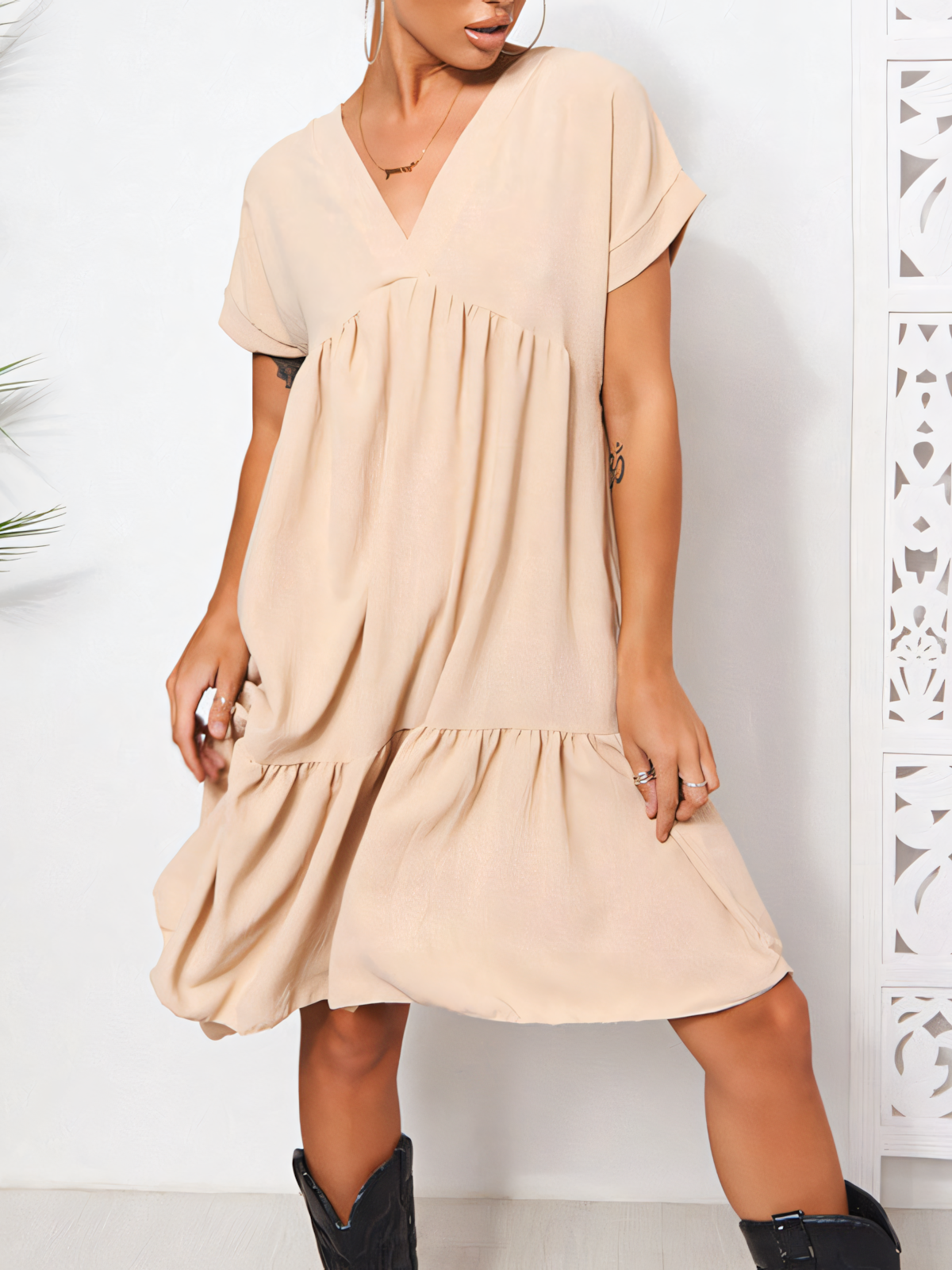 V-neck Solid Color Beach Mini Dress
