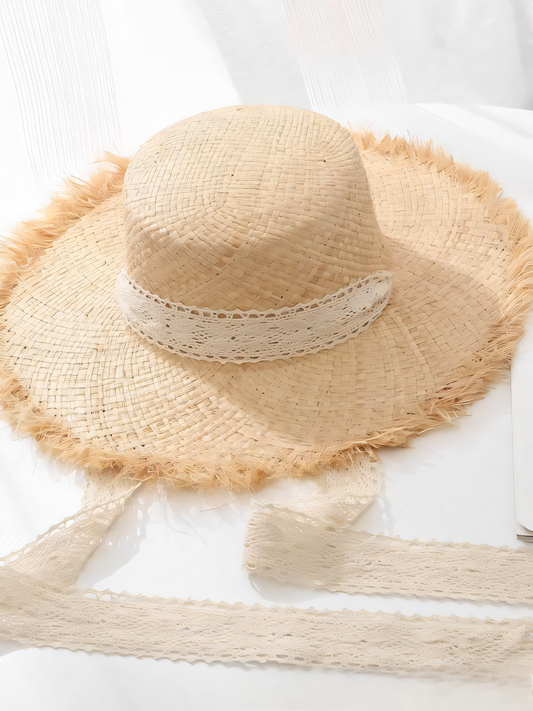 Flat Top Strap Raffia Straw Hat Beach Hat