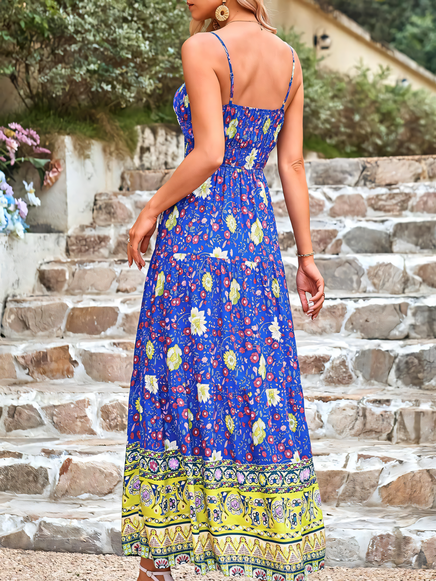 Blue Red Floral Bohemian Maxi Dress