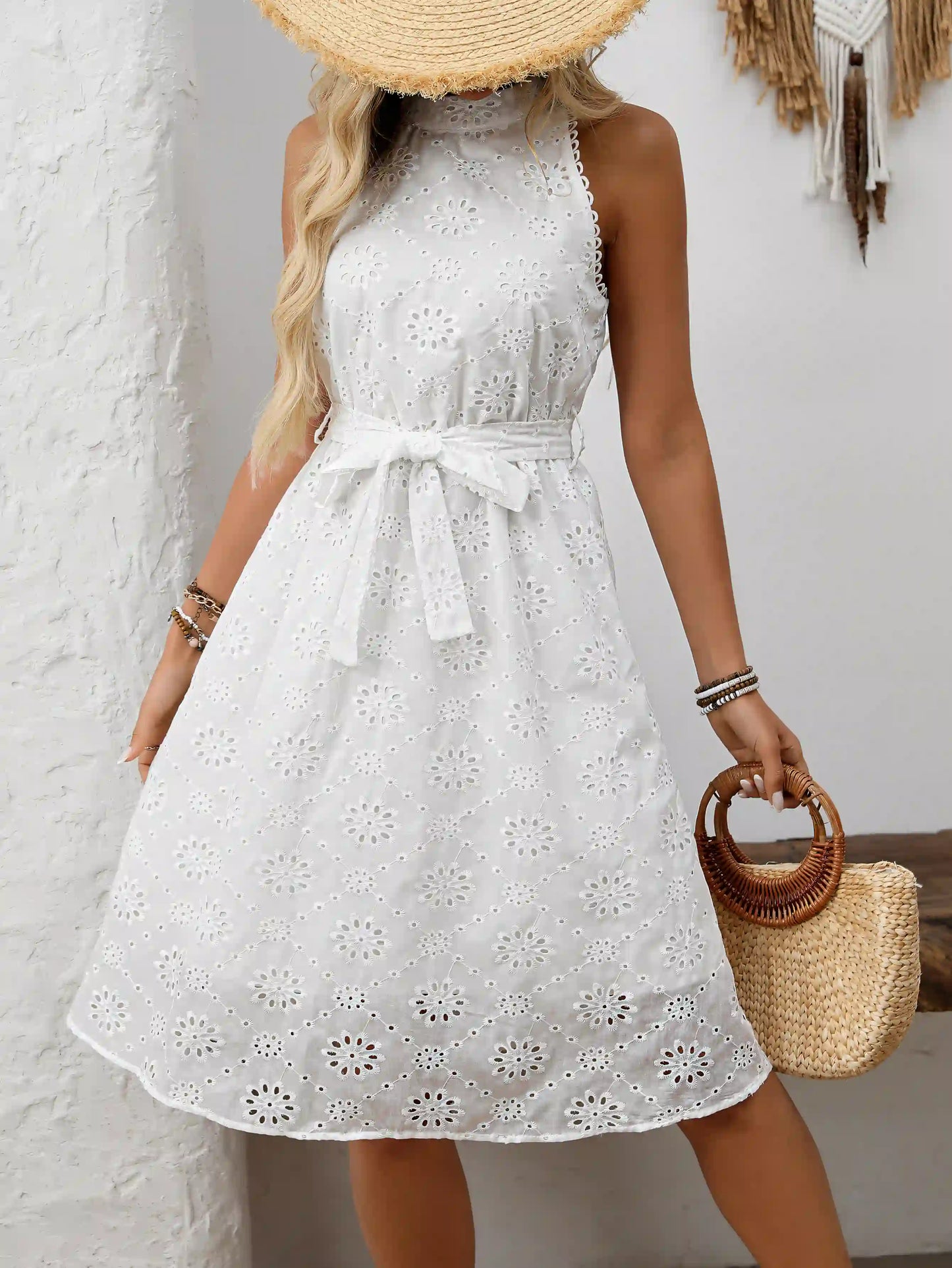 White Embroidered Elegant Midi Dress