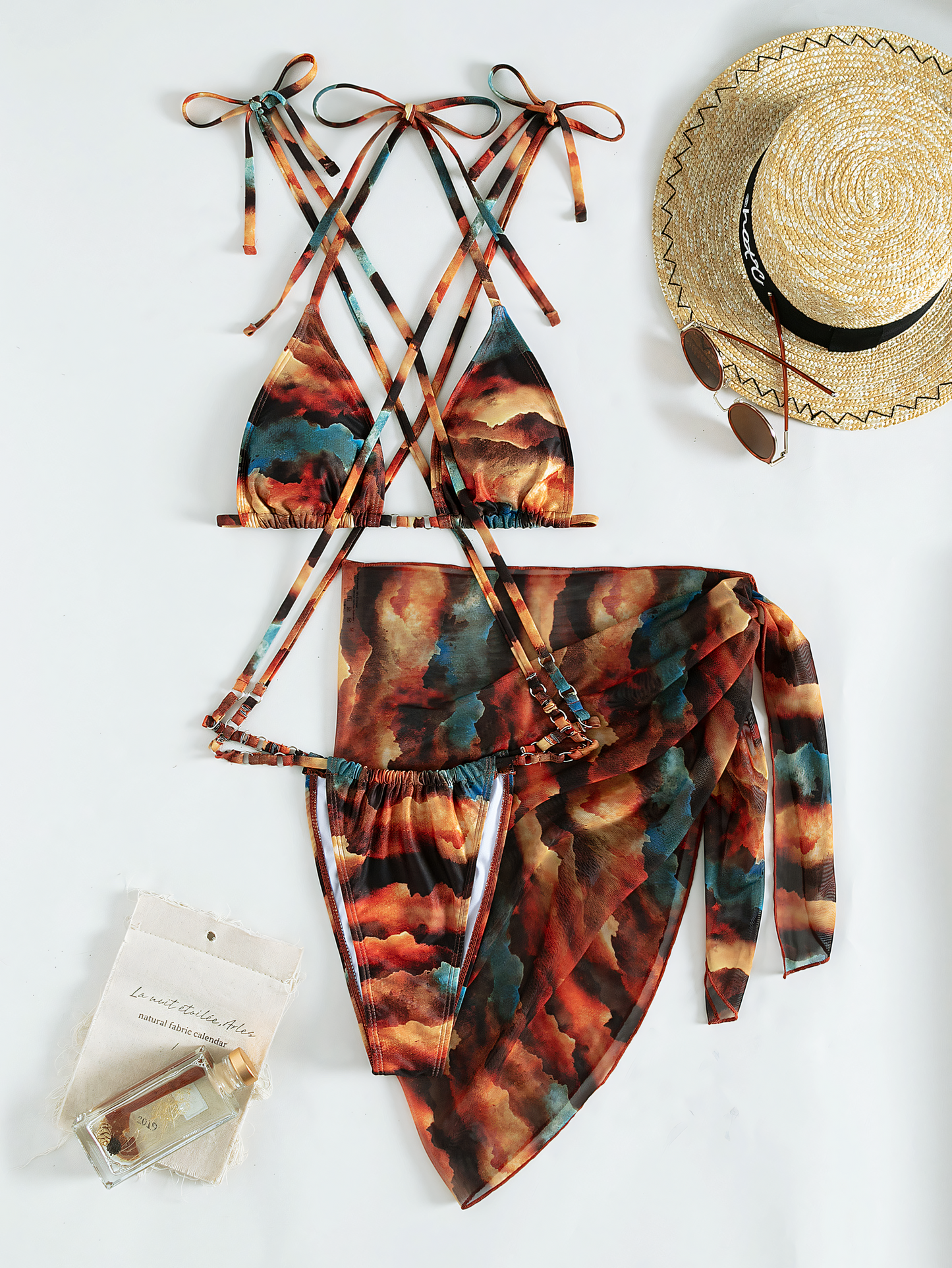 Printed Strappy Bikini Trio Set