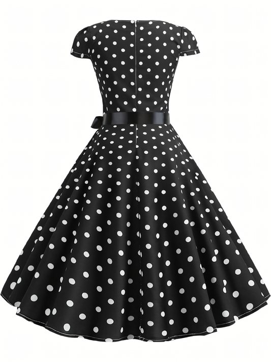 Hepburn Style Big Swing Polka Dot Ribbon Midi Dress