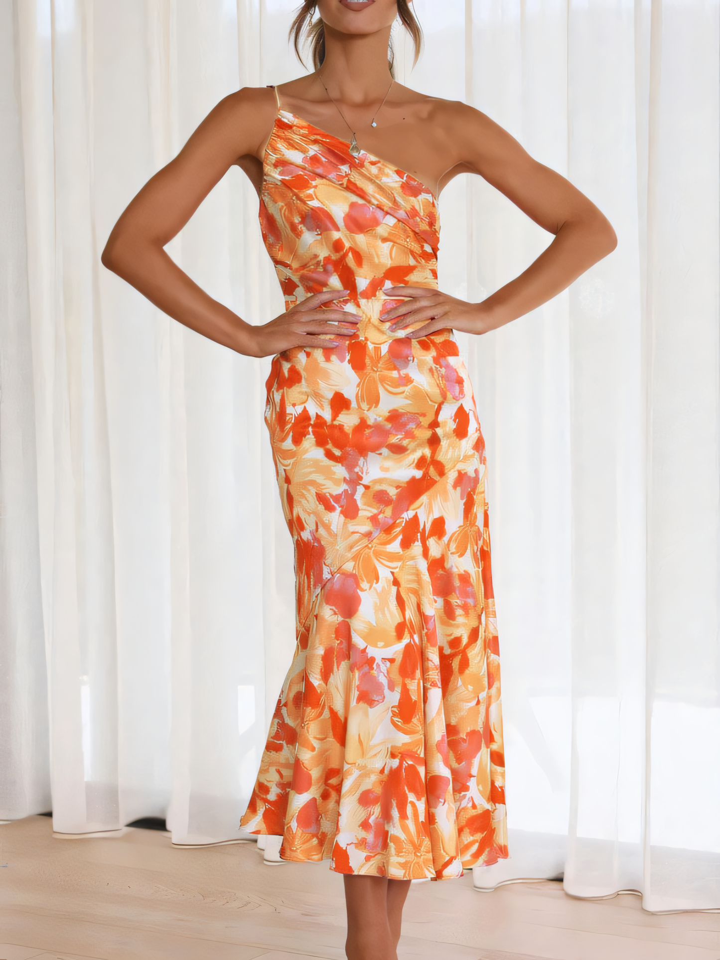 Slant Neck Halter Printed Fishtail Maxi Dress