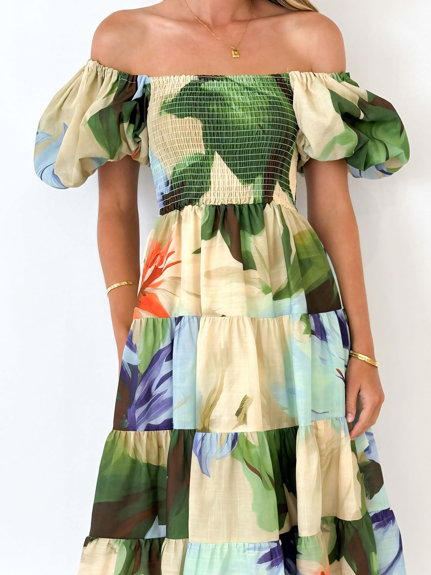 Beige Green Printed Puffy Bubble Sleeve Midi Dress