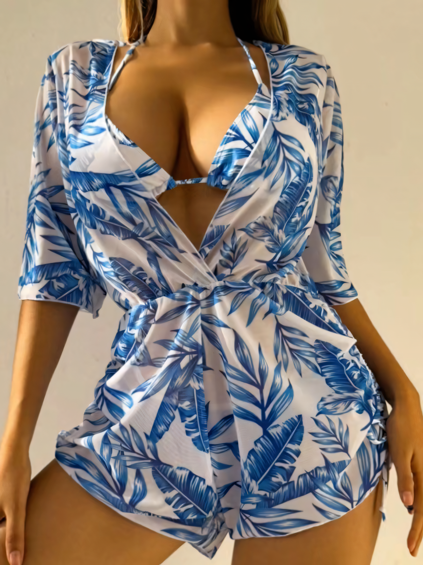Leaf Printed Bikini Trio Set