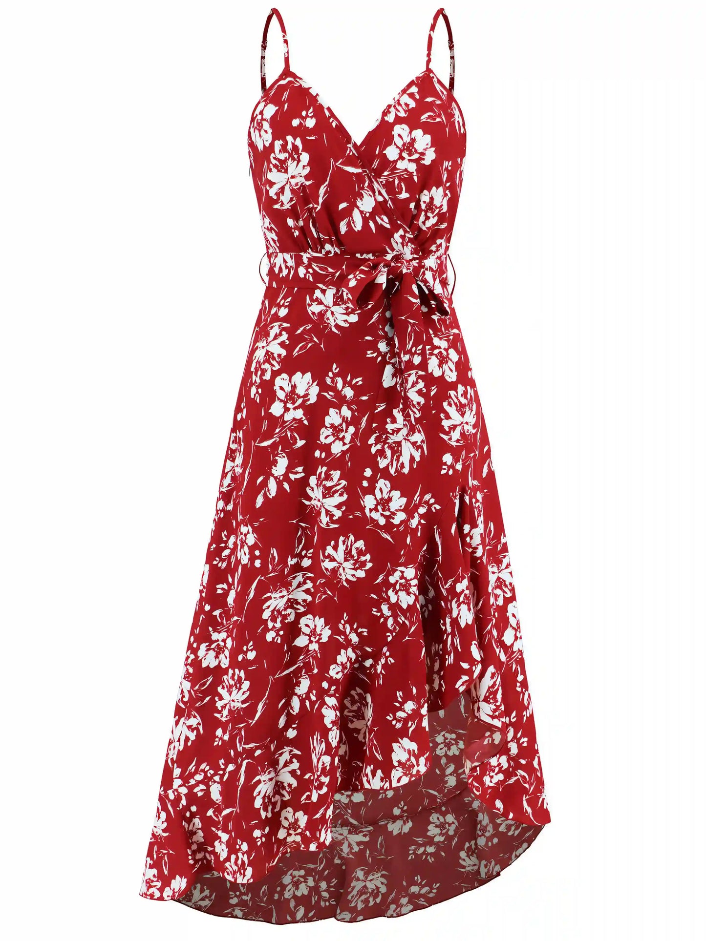 Red Halter Irregular Floral Beach Maxi Dress