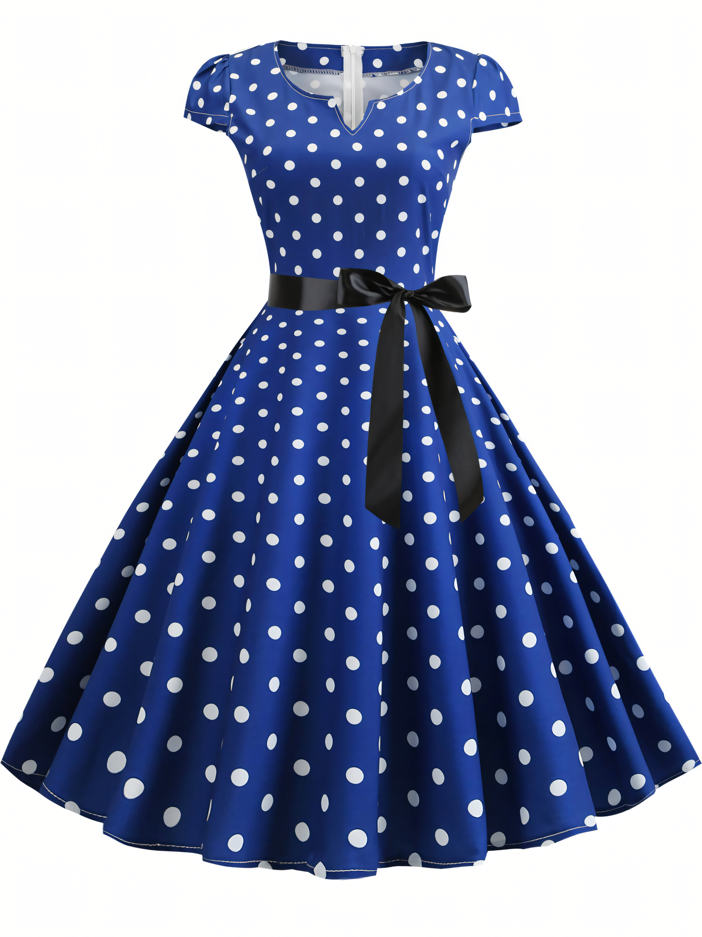 Hepburn Style Big Swing Polka Dot Ribbon Midi Dress