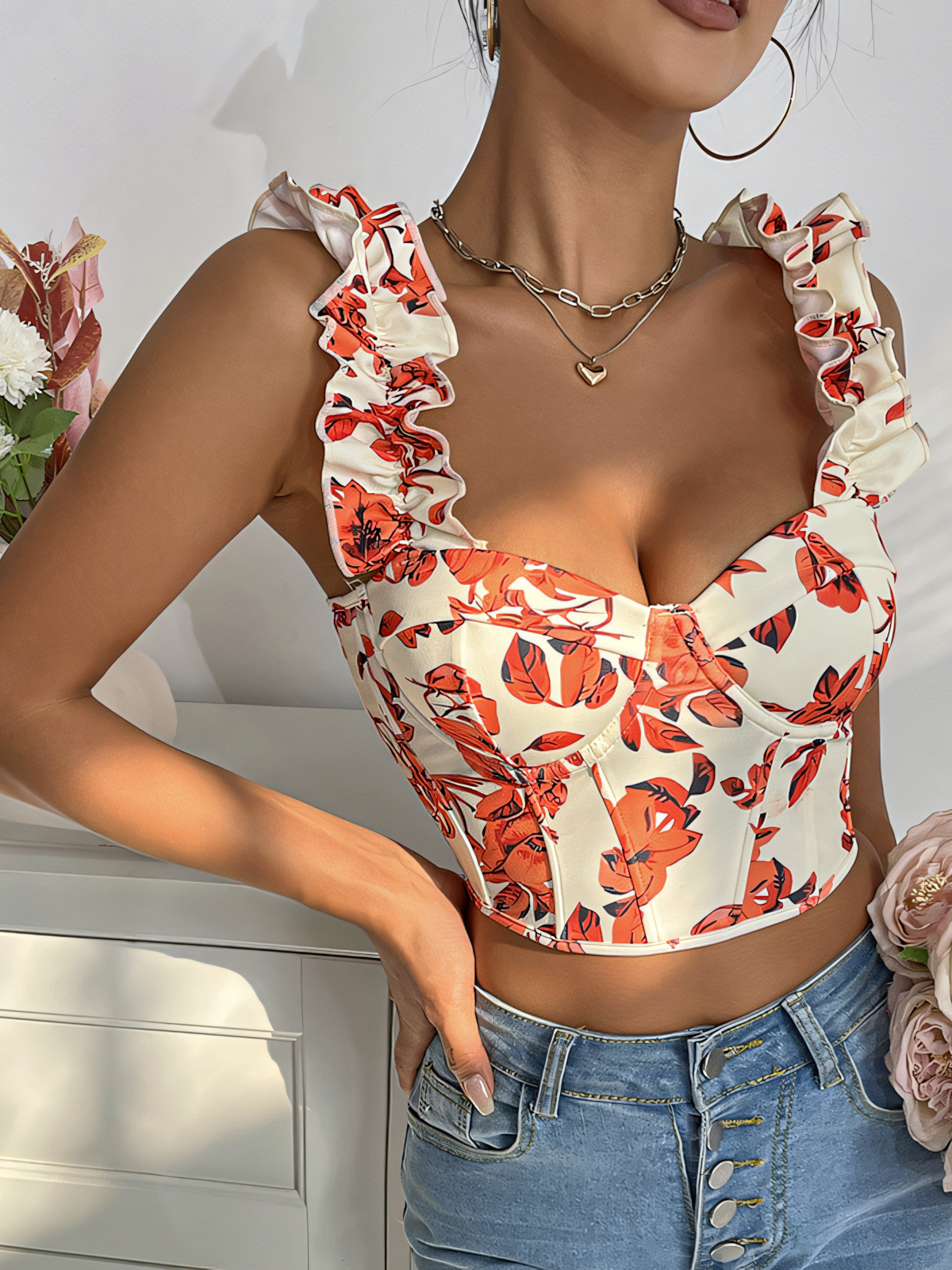 Floral Print Fishbone Tie Top