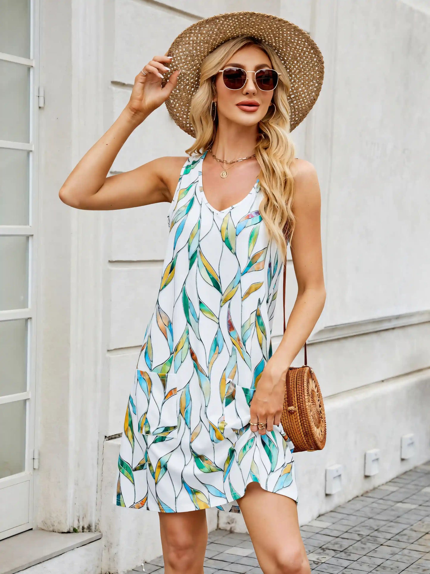White Printed Halter Loose Casual Sleeveless Midi Dress