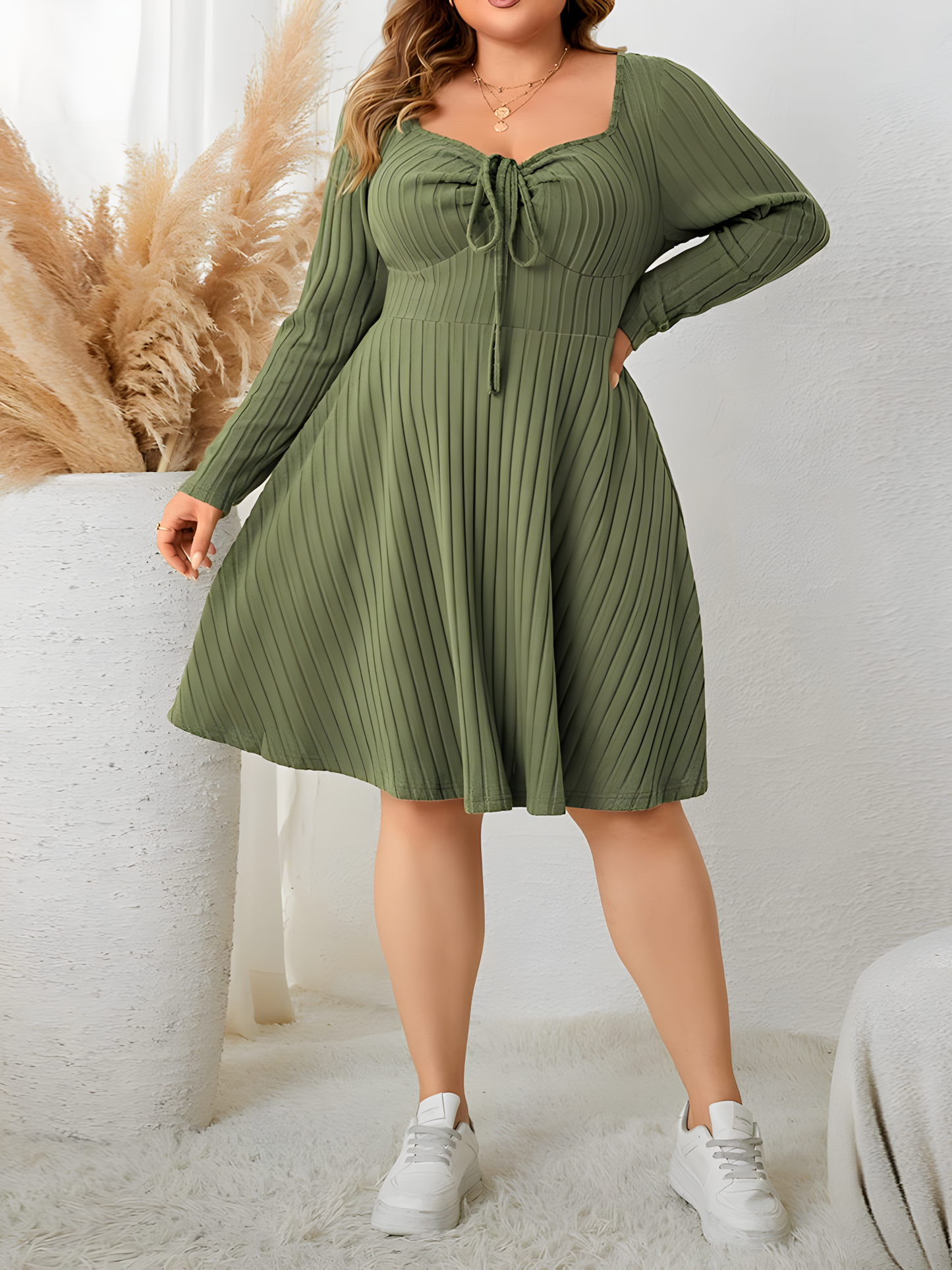 Collared Long-sleeved Midi Dress