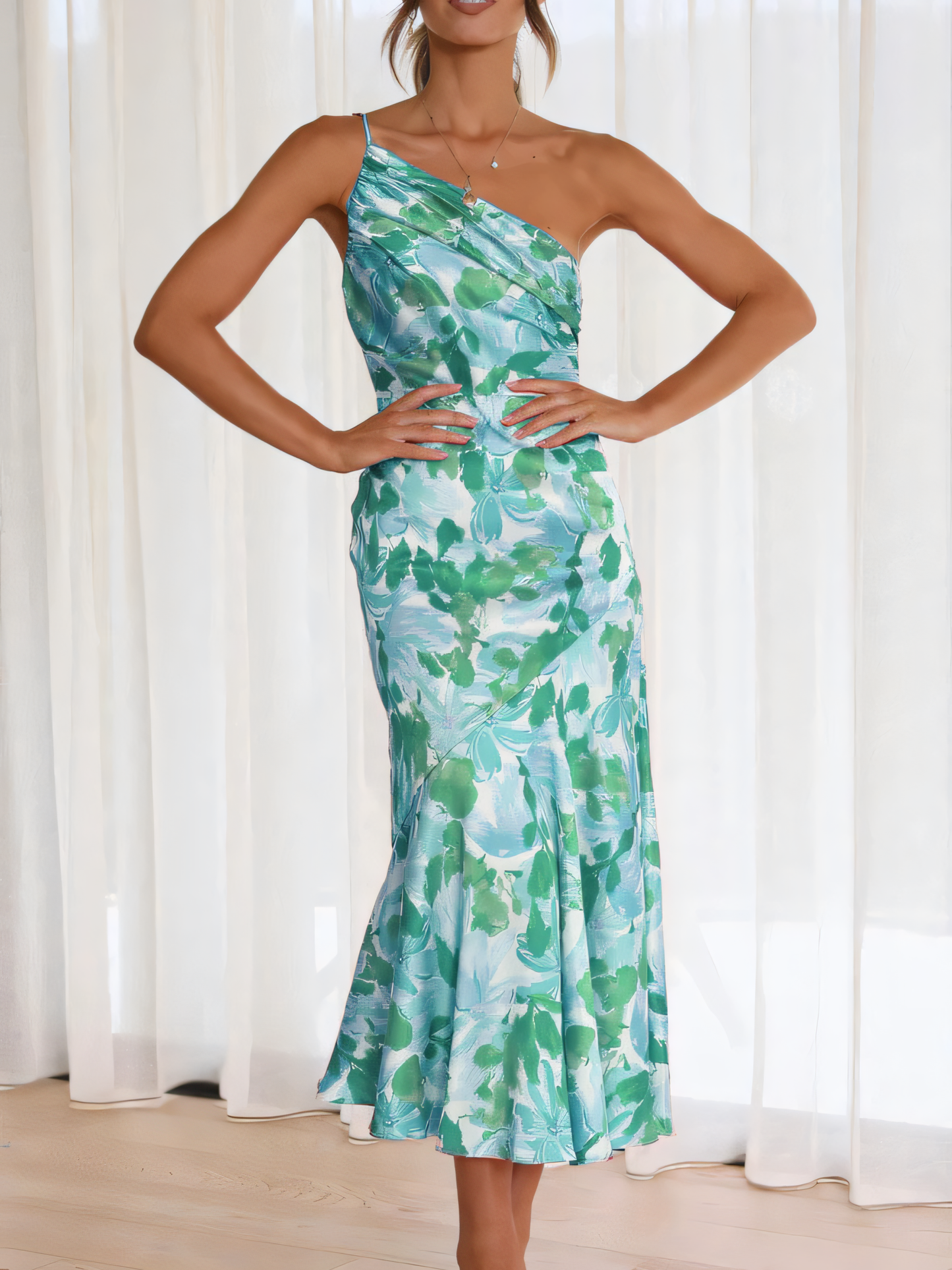 Slant Neck Halter Printed Fishtail Maxi Dress
