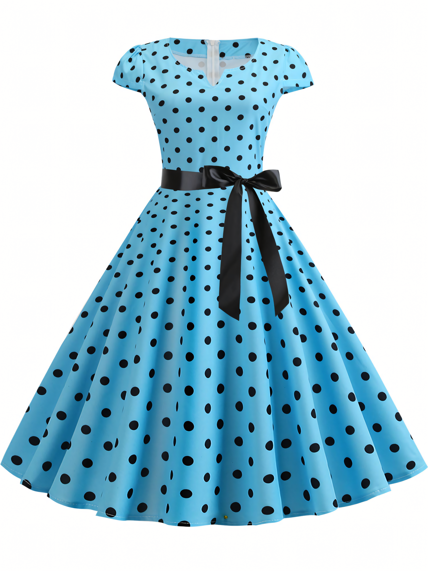 Hepburn Style Big Swing Polka Dot Ribbon Midi Dress