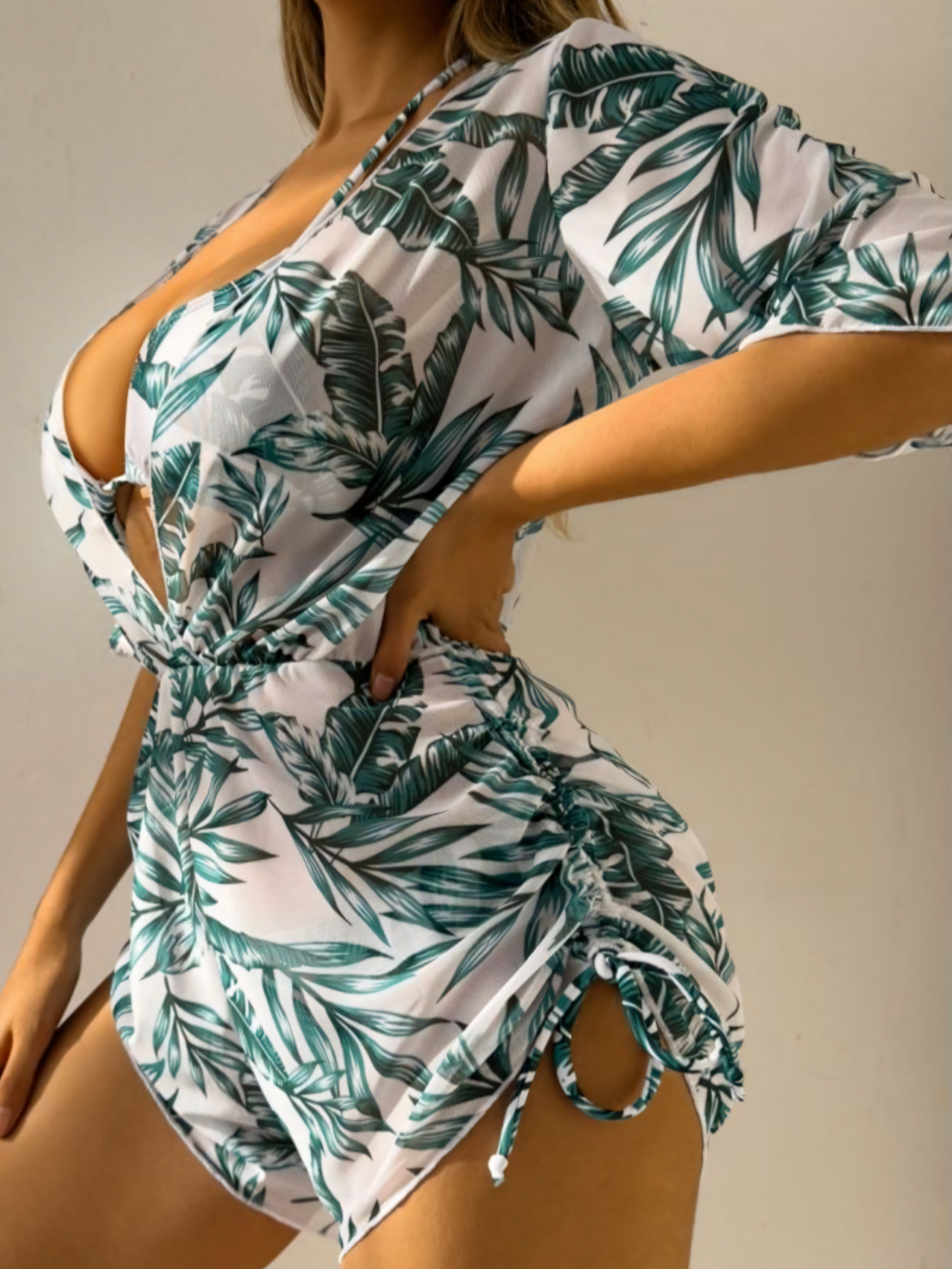 Leaf Printed Bikini Trio Set