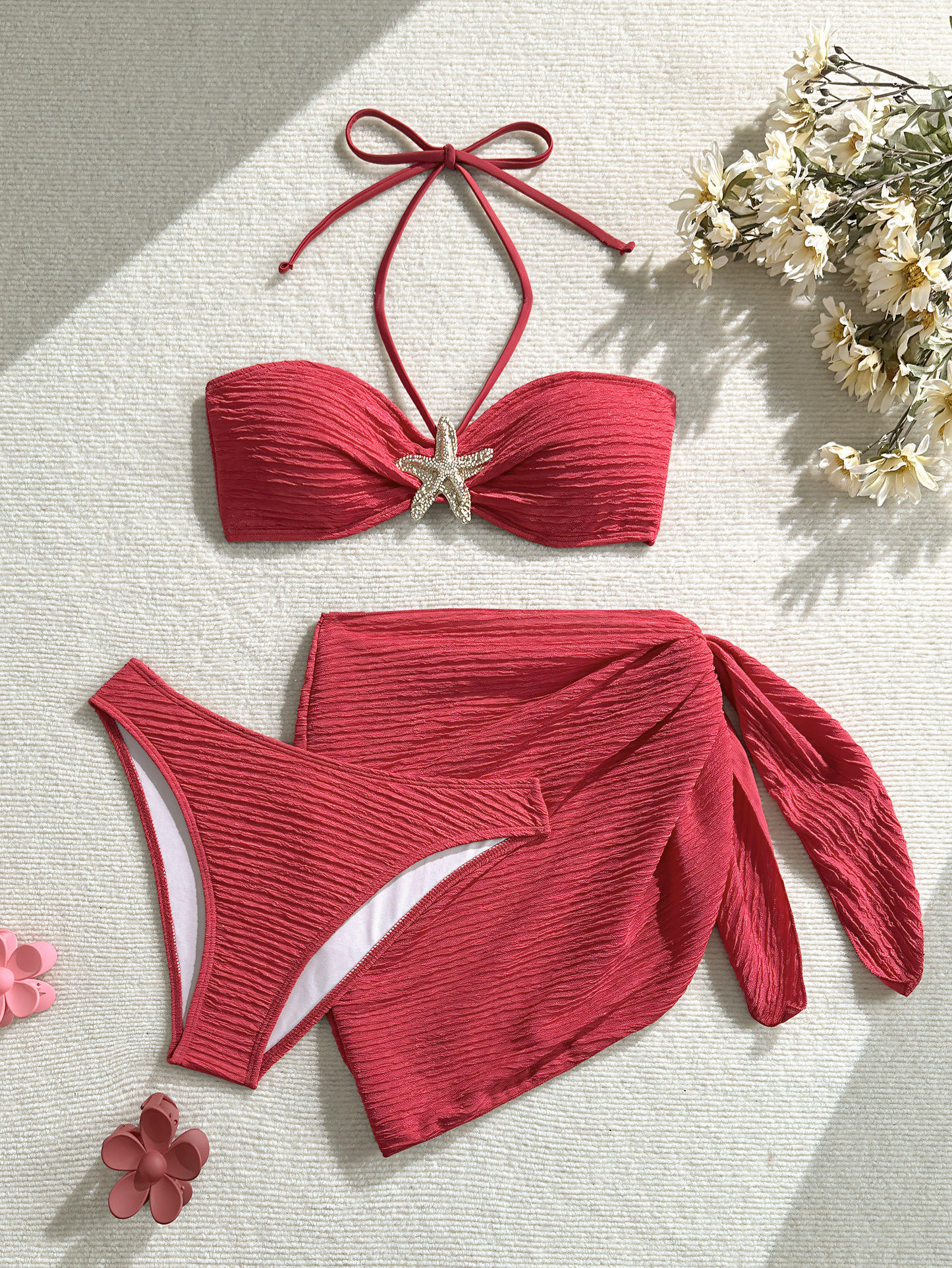 Solid Color Split Bikini Three Piece Set