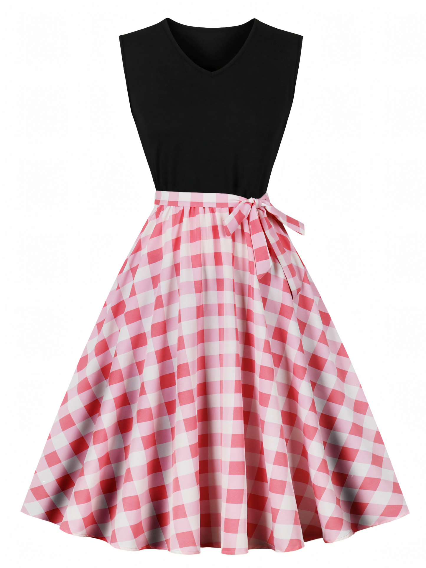 Pink Lattice Print Patchwork Black V-neck Midi Dress