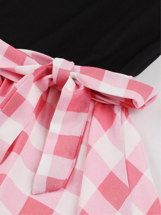 Pink Lattice Print Patchwork Black V-neck Midi Dress