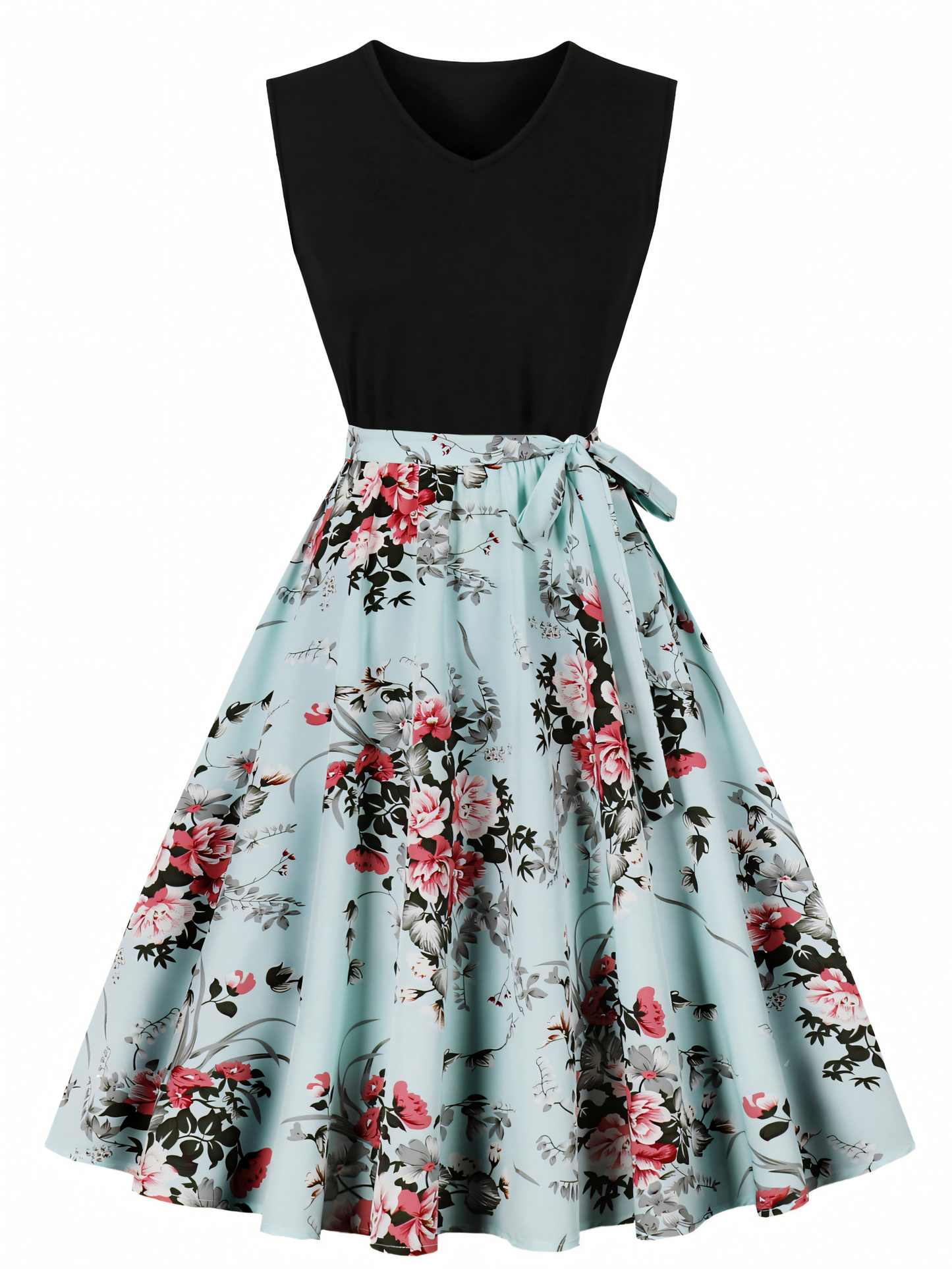 Blue Floral Print Patchwork Black V-neck Midi Dress