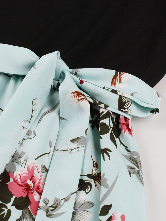 Blue Floral Print Patchwork Black V-neck Midi Dress